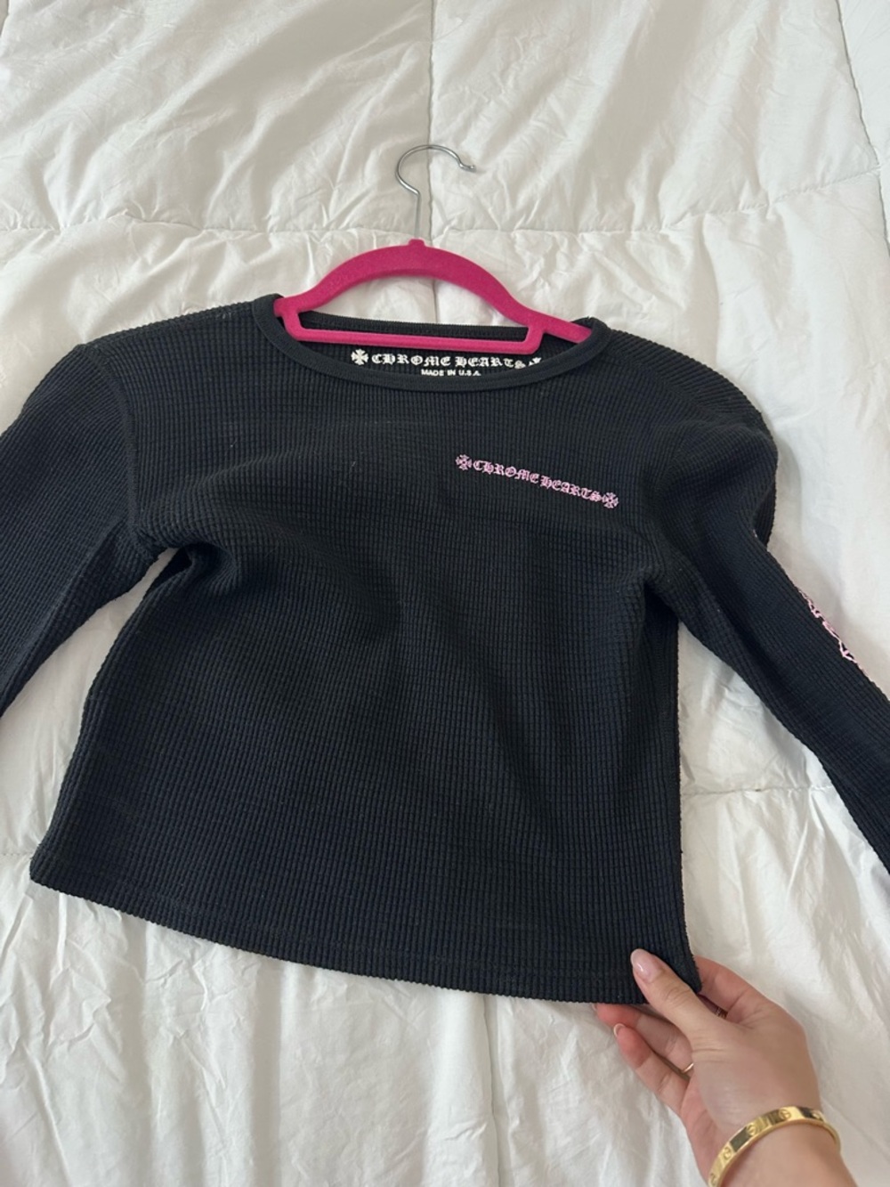 Chrome Hearts Black Long Sleeve Thermal Top with Pink Logo Details - Picture 2 of 12